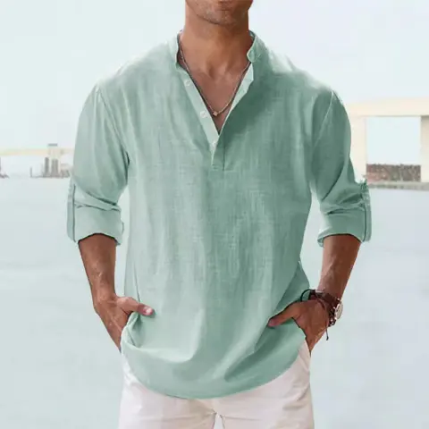 Men's Linen Stand-up Collar Long Sleeve T-shirt Loose Undershirt