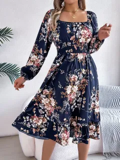 Elegant Flowers Square Collar Long Sleeve Waist Trimming Ruffles A- Line Skirt - Navy Blue - View 1