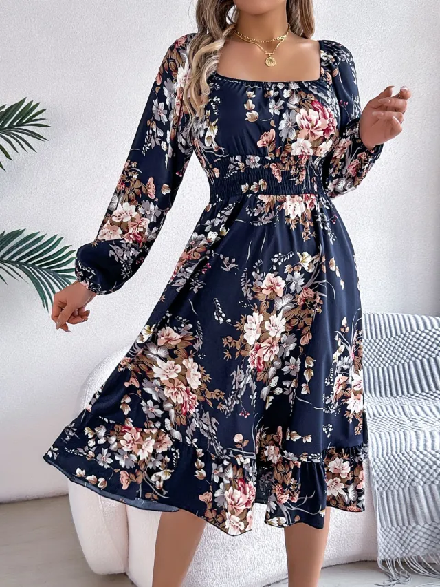 Elegant Flowers Square Collar Long Sleeve Waist Trimming Ruffles A Line Skirt Navy - Shop at LoveMi
