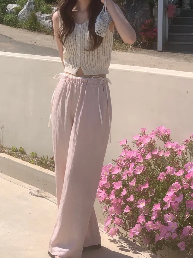 Retro Easy Matching Stitching High Waist Casual Pants Pink - Shop at LoveMi