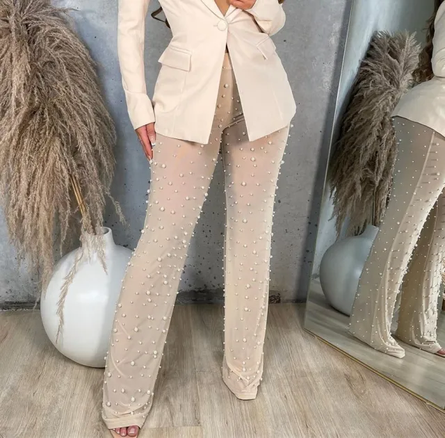 Women's Autumn And Winter Clothing Rubber Mesh Foam Beads Decorative Wide Leg Beaded Trousers With Underpants Apricot - Shop at LoveMi