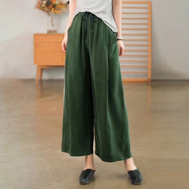 Cuprammonuium Summer New Ice Refreshing Tied Elastic Waist Loose Elegant Casual Pants Dark Green - Shop at LoveMi