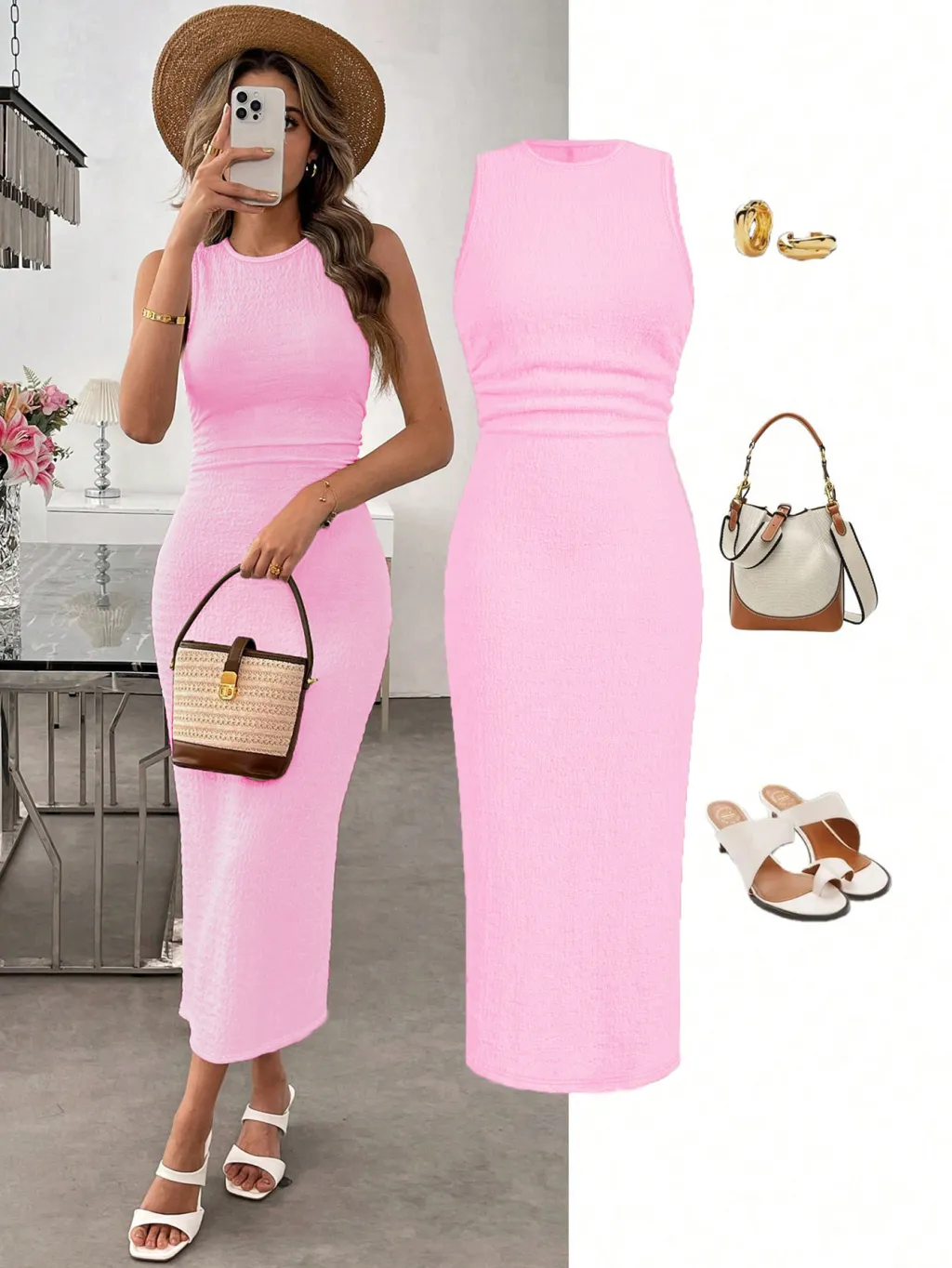 Vacation Style Short Sleeve Slit Slim-fitting Dress - Pink