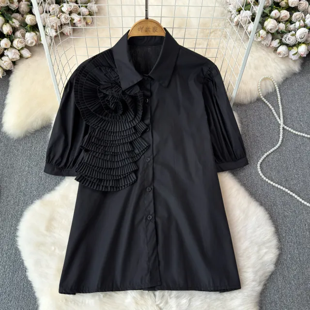 Heavy Industry Three dimensional Flower Lapel Pleated Slim Top Black - Shop at LoveMi