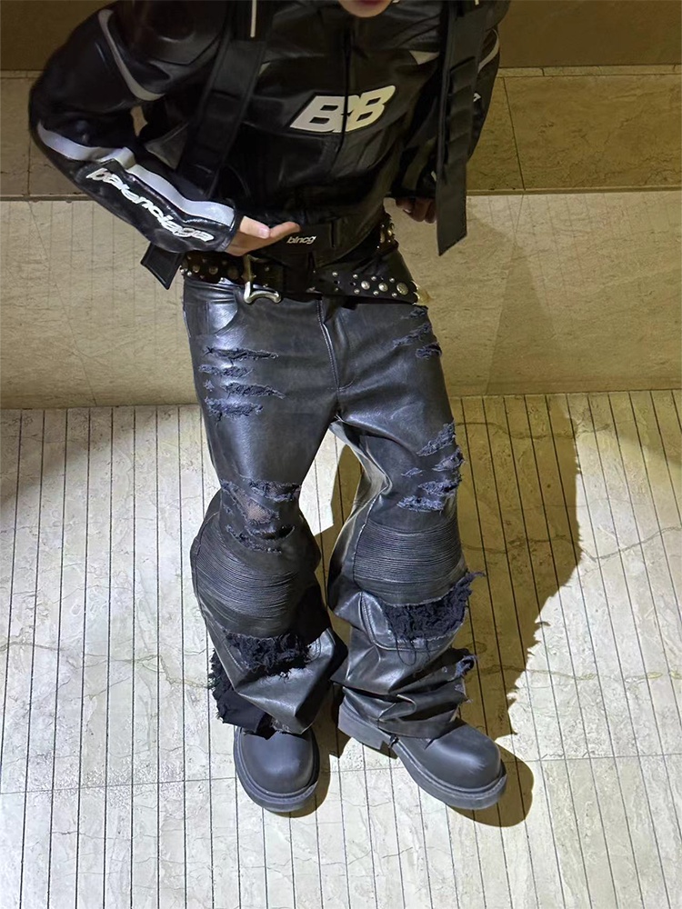 Composite Fading Old Locomotive Damage Leather Pants