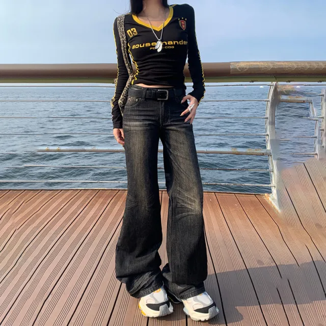 Women's Low Waist Skinny Jeans New Straight Loose Wide Leg Black - Shop at LoveMi