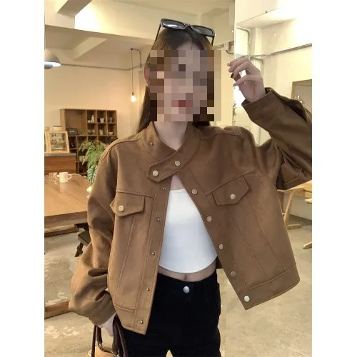 Retro Sweet Cool Loose Short Motorcycle Jacket Caramel M - Shop at LoveMi