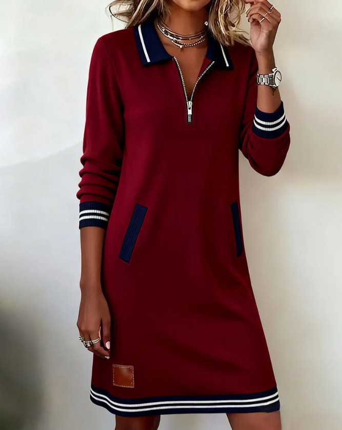 Casual Sports Dress Fashion Lapel Zipper Pockets Long Sleeve Dresses For Women Clothing - Image 3