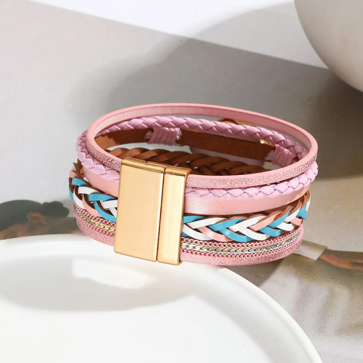 Ethnic Style Multi-layer Leather Hand-woven Diamond Magnetic Snap Bracelet