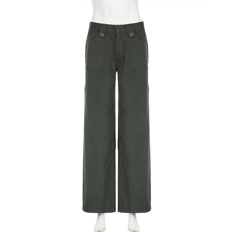 American Street Pocket High Waist Work Clothes Straight-leg Pants Women