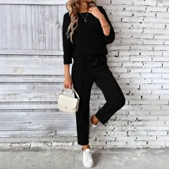 Round-neck Fashionable Top Hoodie Pocket Casual Straight-leg Pants Women's Clothing - Black - View 1