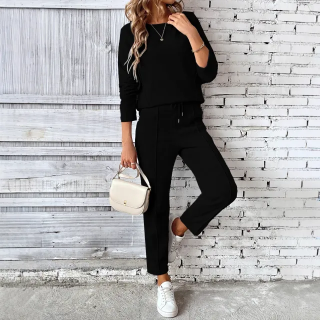 Round neck Fashionable Top Hoodie Pocket Casual Straight leg Pants Women's Clothing Black - Shop at LoveMi