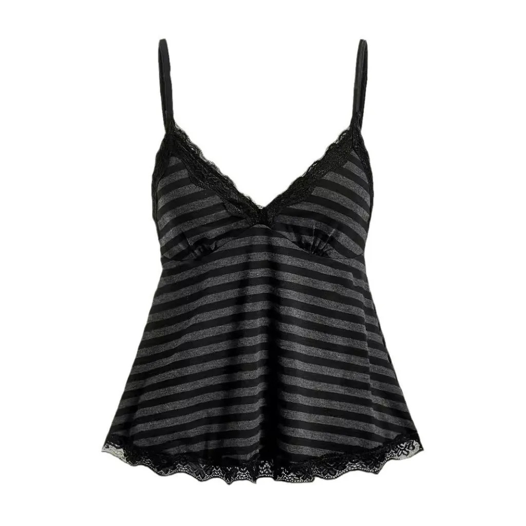 Women's Striped Contrast Lace Lace-collared Blouse - Black And Gray Stripes