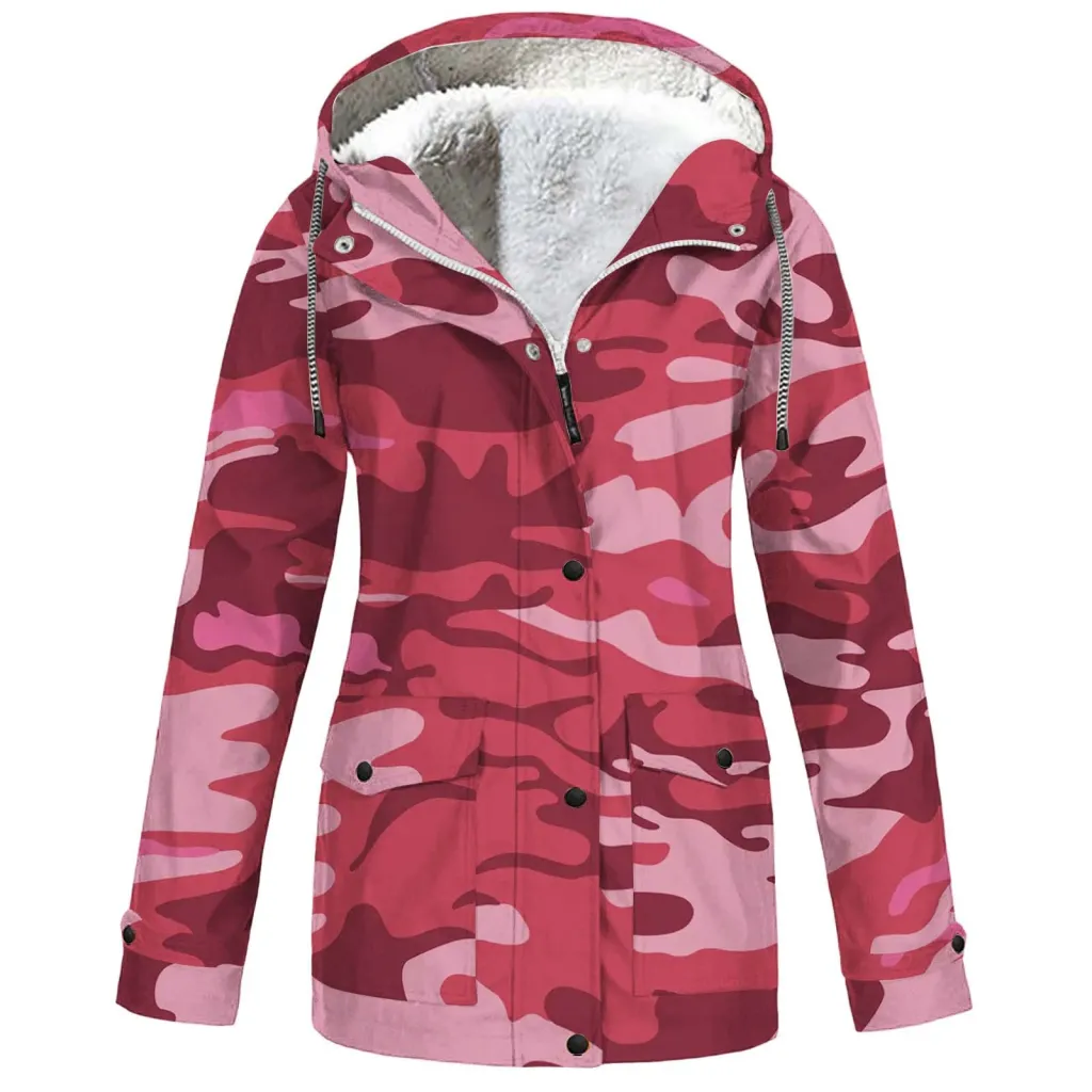Hooded Camouflage Waterproof Outdoor Shell Jacket Men's And Women's Coats - Rose Red