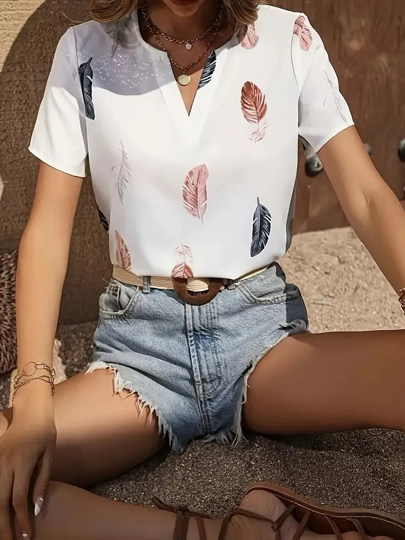 New V-neck Female Animal Print Casual All-match Short-sleeved Top - G107Z87-3Xl
