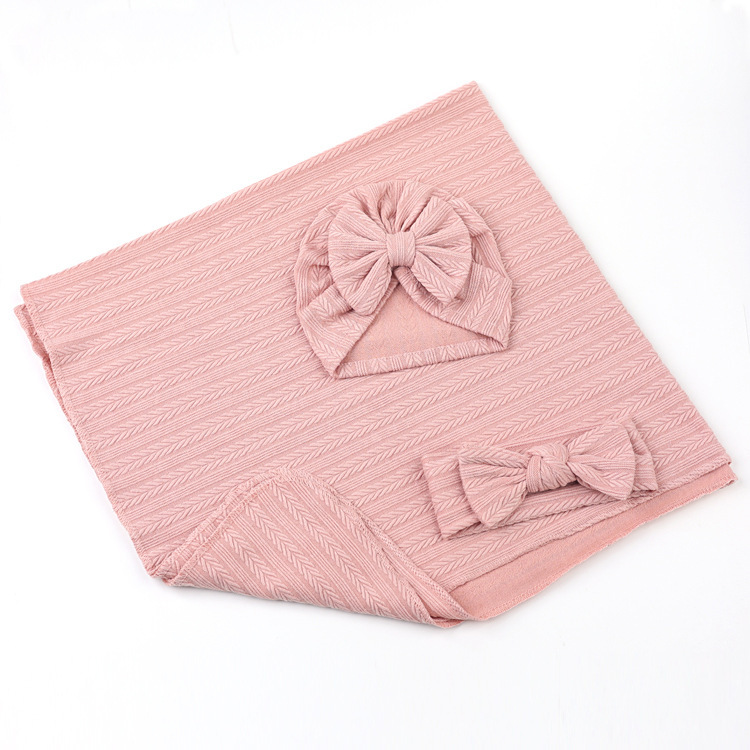 Newborn Polyester Cotton Solid Color Wheat Pattern Wrap Blanket Three-piece Suit