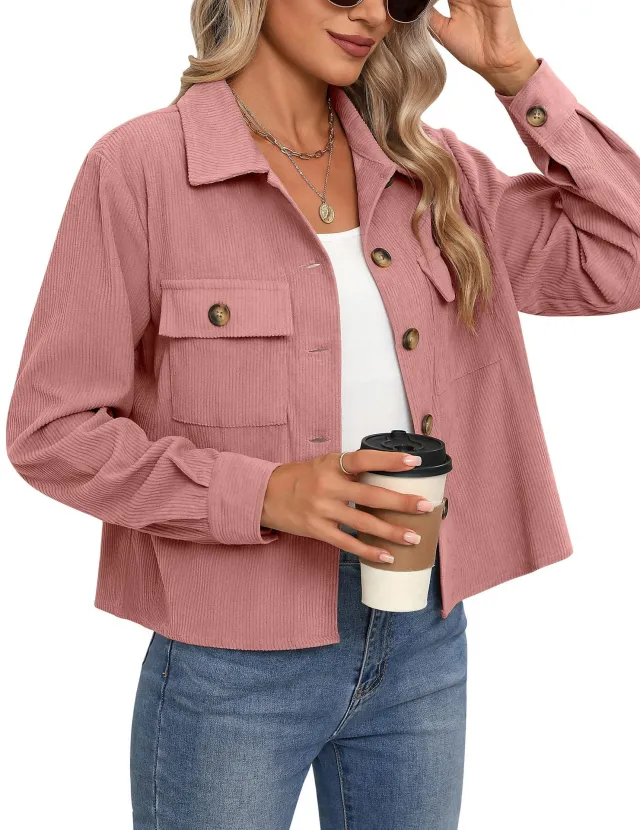 Women's Fashion Casual Short Short Corduroy Button Jacket Peach - Shop at LoveMi