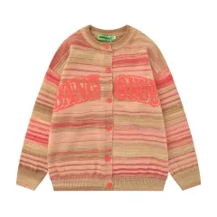Striped Round Neck Cardigan Sweater For Women - Orange - View 1