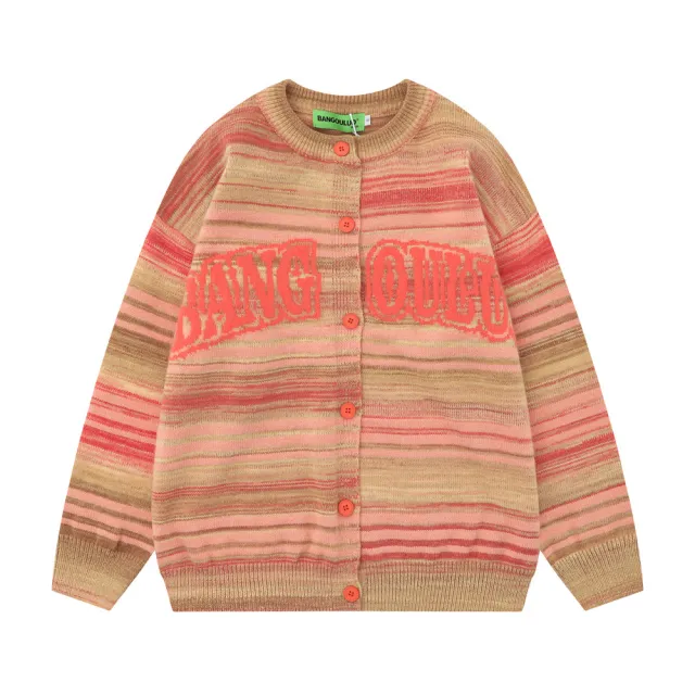 Striped Round Neck Cardigan Sweater For Women Orange - Shop at LoveMi