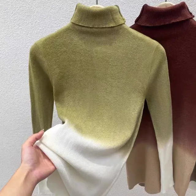 Gradient Color Turtleneck Wool Sweater Women's Bottoming Sweater French Top Green - Shop at LoveMi