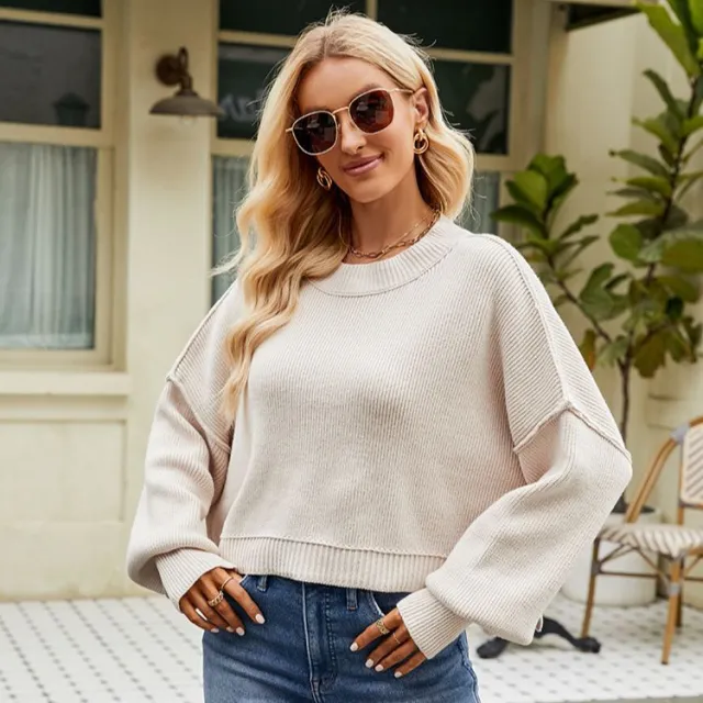 Loose Cropped Pullover Fashion Long Sleeve Round Neck Sweater Apricot - Shop at LoveMi