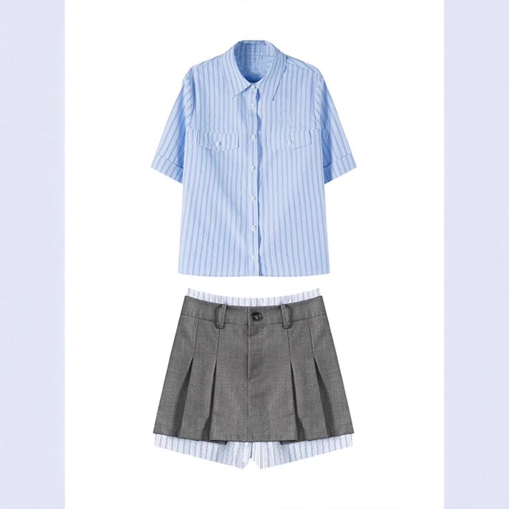 Girls Preppy-Style Striped Shirt And Skirt Set - Image 4