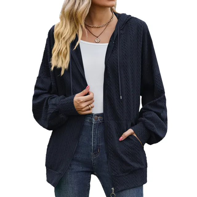 Women's Fashion Solid Color And V neck Zipper Loose Sweater Coat Blue - Shop at LoveMi