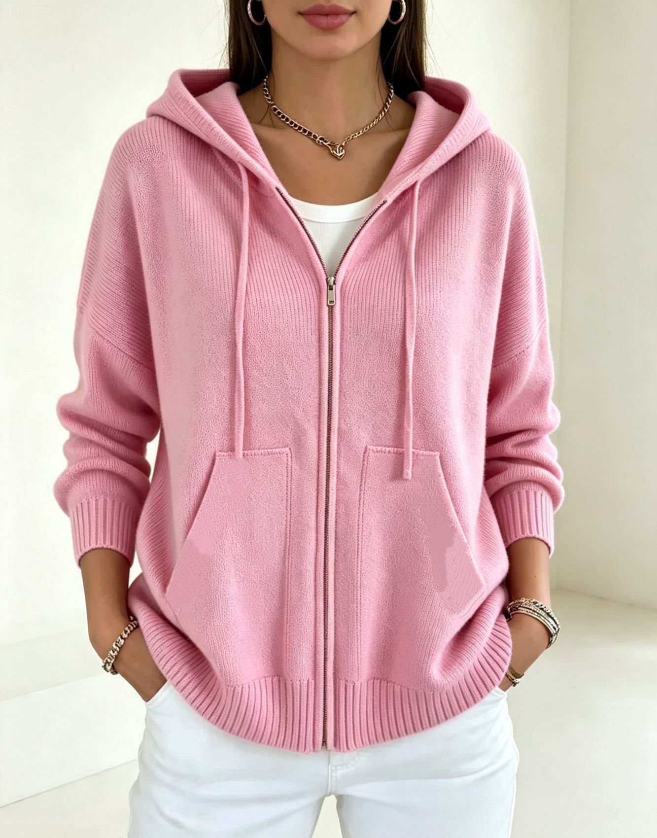 Solid-color Hooded Zip-up Loose-fit Knit Cardigan For Women 13