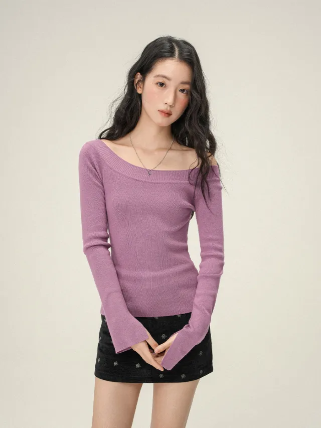 Pure Desire Oblique Angle Shoulder Soft Knit Sweater Base Shirt Purple - Shop at LoveMi
