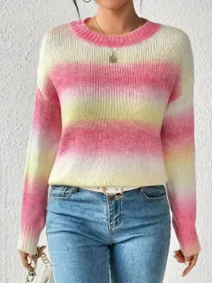 Stitching Contrast Colour Knitted Sweater Fashion Pullover Round Neck Gradient Rainbow Striped Top - Red - View 1