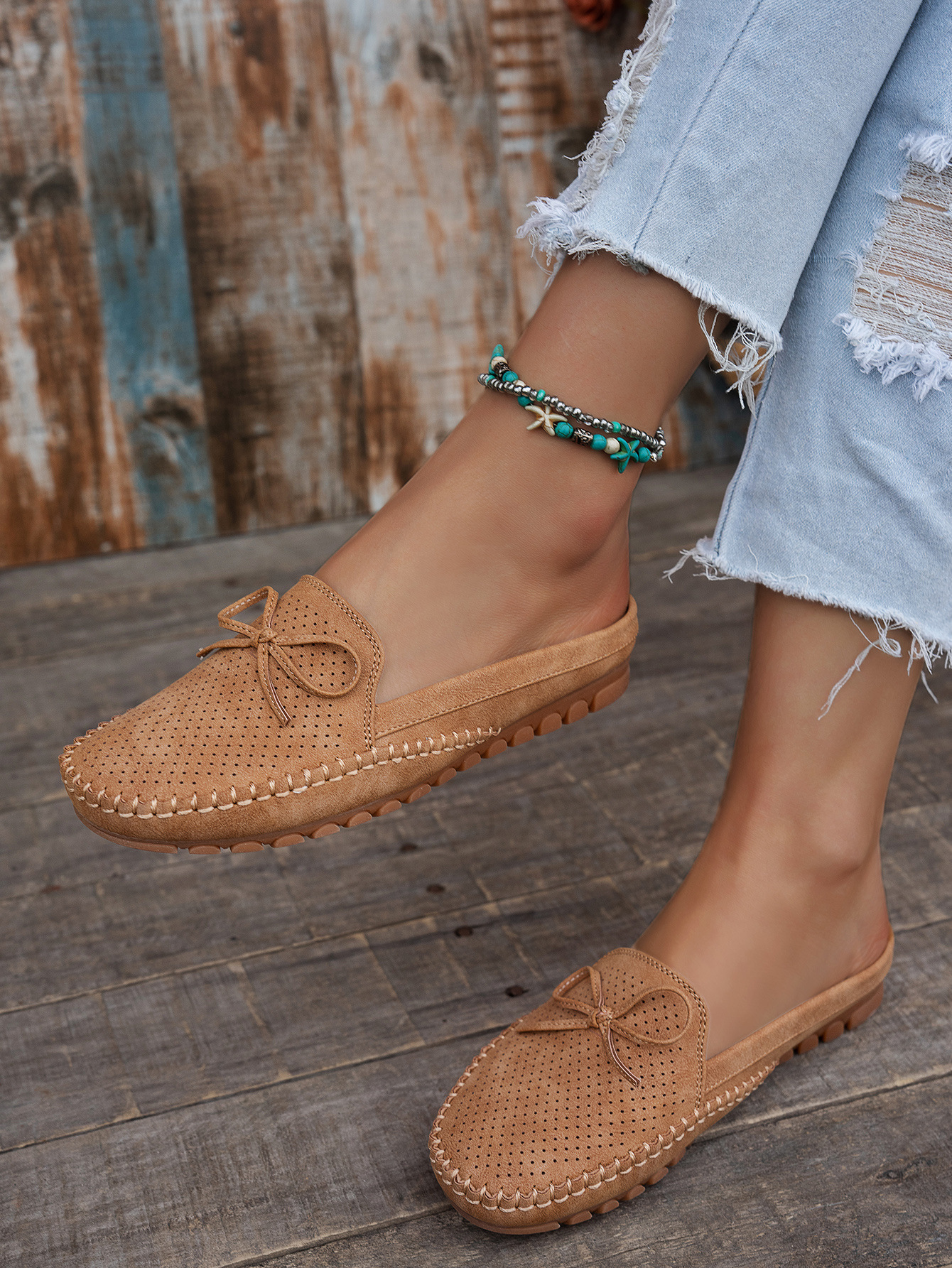 Retro Flat Shoes – side view Camel