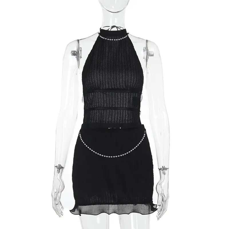 Women's Pearl Chain Halter Top and Mini Skirt Set