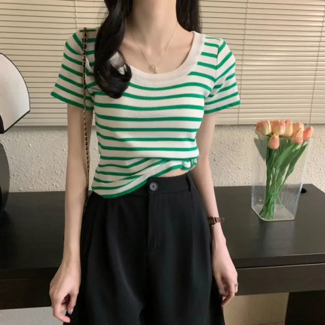 Casual Short sleeved Slim fit Striped T shirt Green - Shop at LoveMi