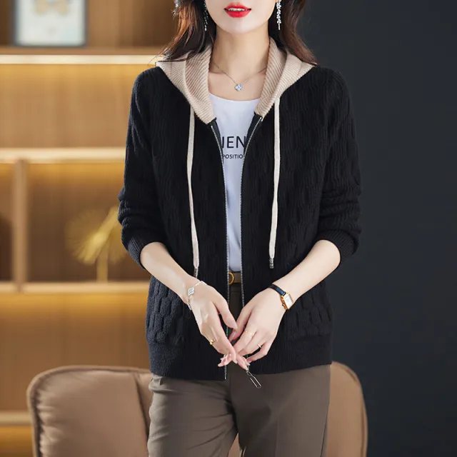Hooded Sweater Women's Coat Fall Winter Fashion Western Style Zipper Knitted Cardigan Black - Shop at LoveMi