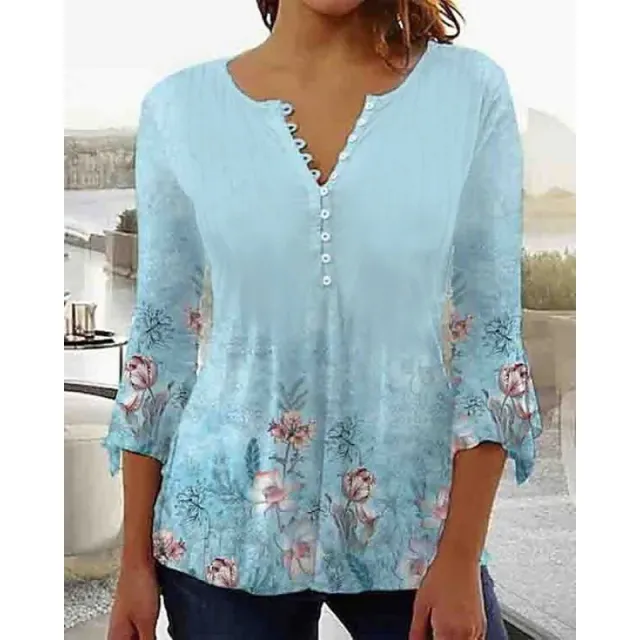 Women's 3d Digital Printing Button V neck Flared Sleeves T shirt 02Style - Shop at LoveMi