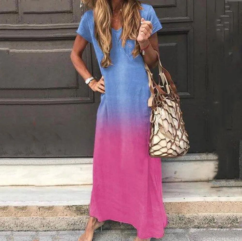 Women V-Neck Short Sleeve Tie-dye Gradient Print Maxi Color Block Bohemia Dress Summer Dresses Casual Beach Dress Long L11# (4)