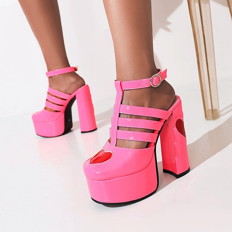 Hollowed-out Heart-shaped Slingback Round-toe Platform High Heels