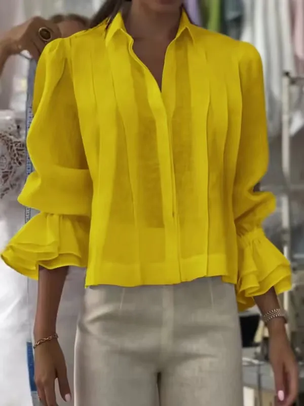 Pleated Solid Color Stitching Short Sleeve Shirt Yellow - Shop at LoveMi