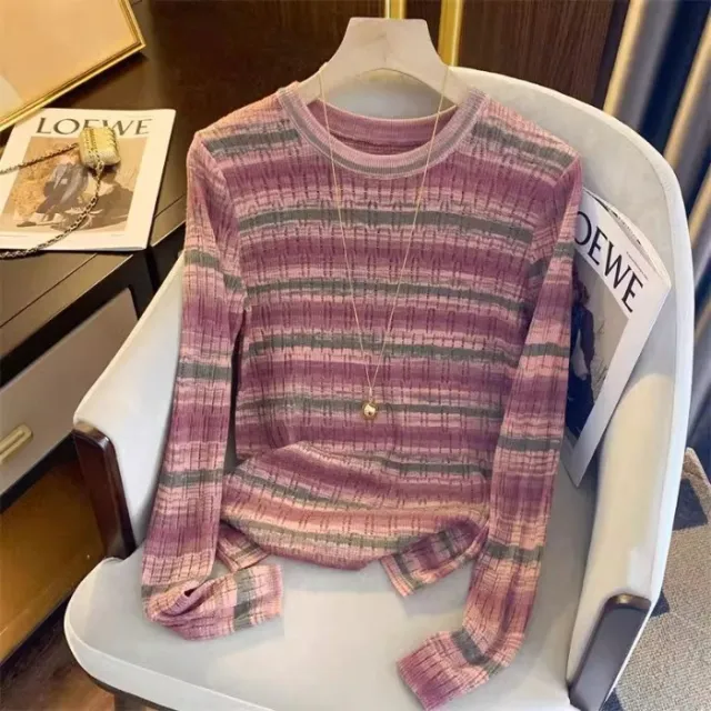 Gentle Graceful And Fashionable Dopamine Striped Sweater Purple - Shop at LoveMi
