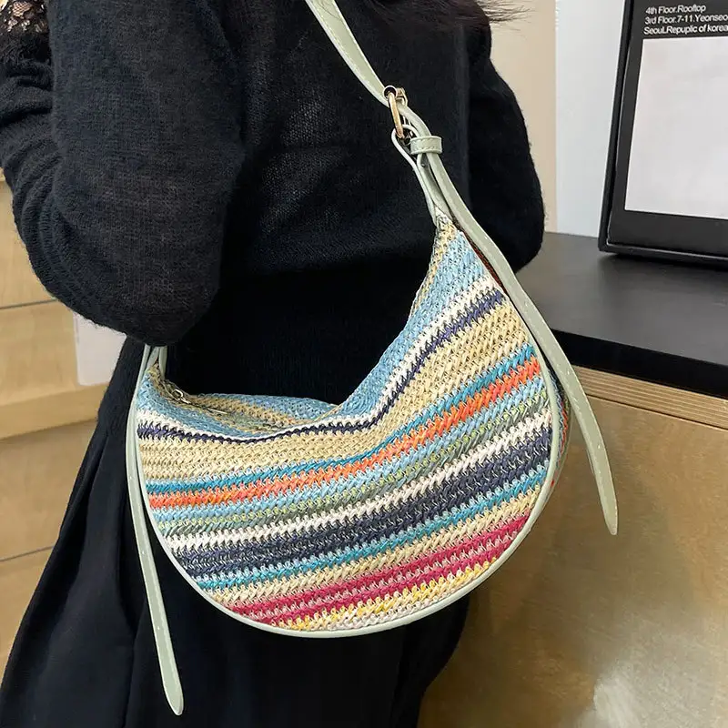 Fashion Rainbow Straw Tote Women's Casual Shoulder Messenger Bag
