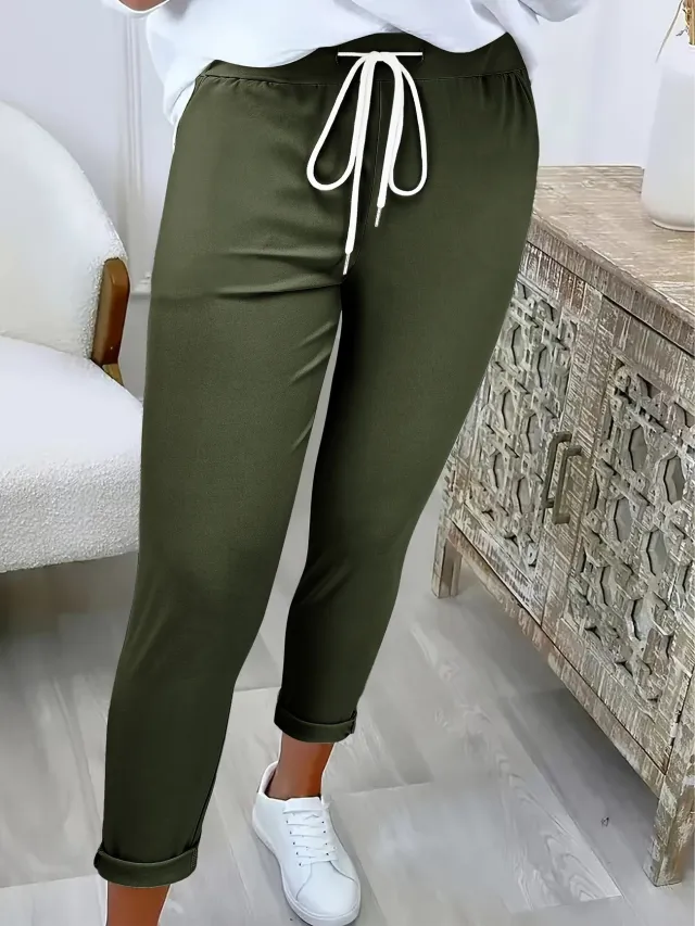 Women's Fashion Belt Lace Up Casual Trousers Army Green - Shop at LoveMi