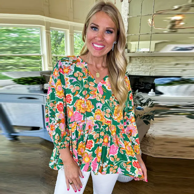 Loose Slim Fit V neck Spring Floral Print Pullover Top Green - Shop at LoveMi