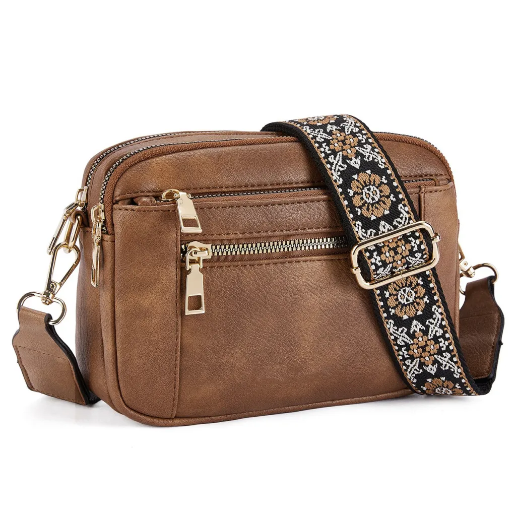 Triple-zipper Shoulder Bag With Floral Embroidered Straps Fashion Colorblock Multi-functional Crossbody Bags For Women - Red