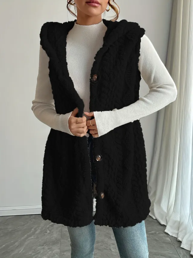 Solid Color Double sided Plush Hooded Button Cardigan Casual Women Autumn And Winter Vest Black - Shop at LoveMi