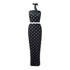 Temperament Polka Dot Print Top Vest Dress Two-piece Set - Black - View 1