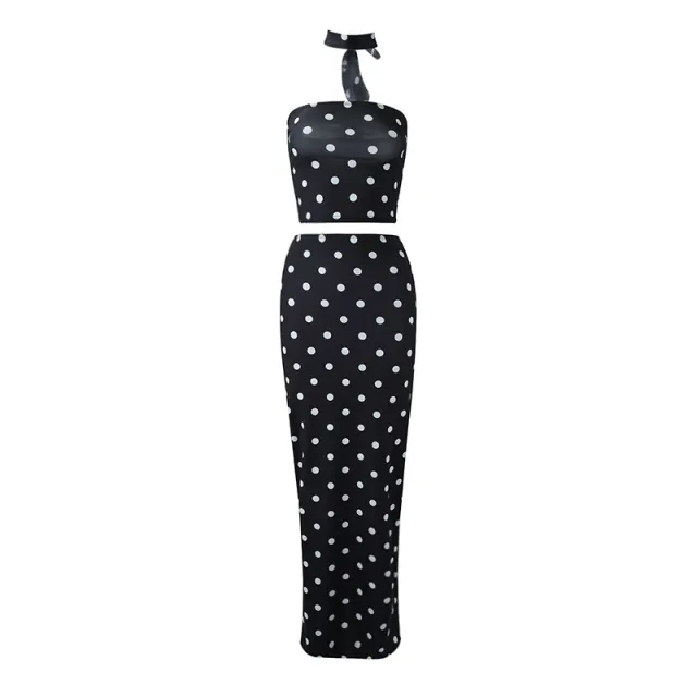 Temperament Polka Dot Print Top Vest Dress Two piece Set Black - Shop at LoveMi