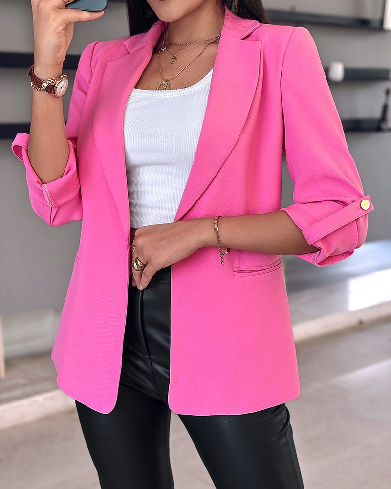 Women's Casual Rolled Sleeves Blazer With Pockets Pink - Shop at LoveMi