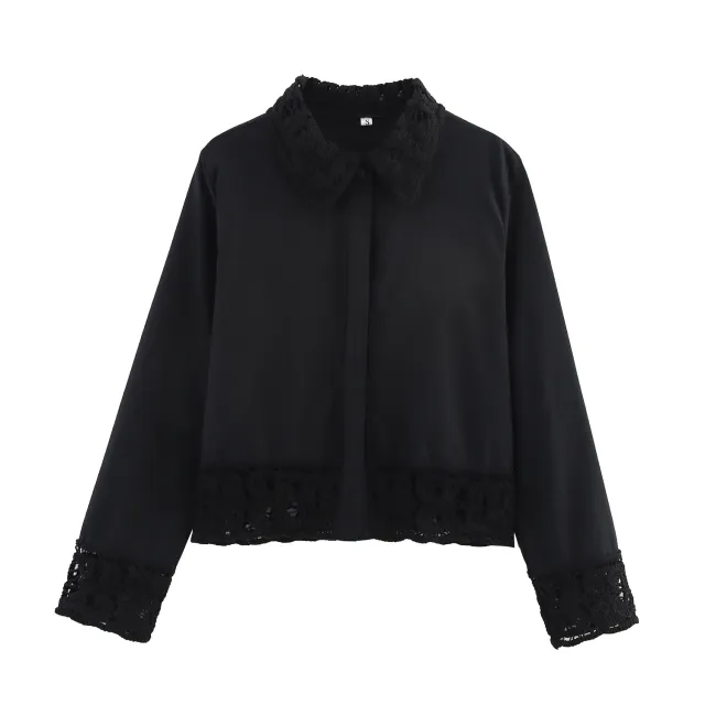 New Detail Shirt Crocheted Detail Casual Shorts Suit Women's Black Top - Shop at LoveMi