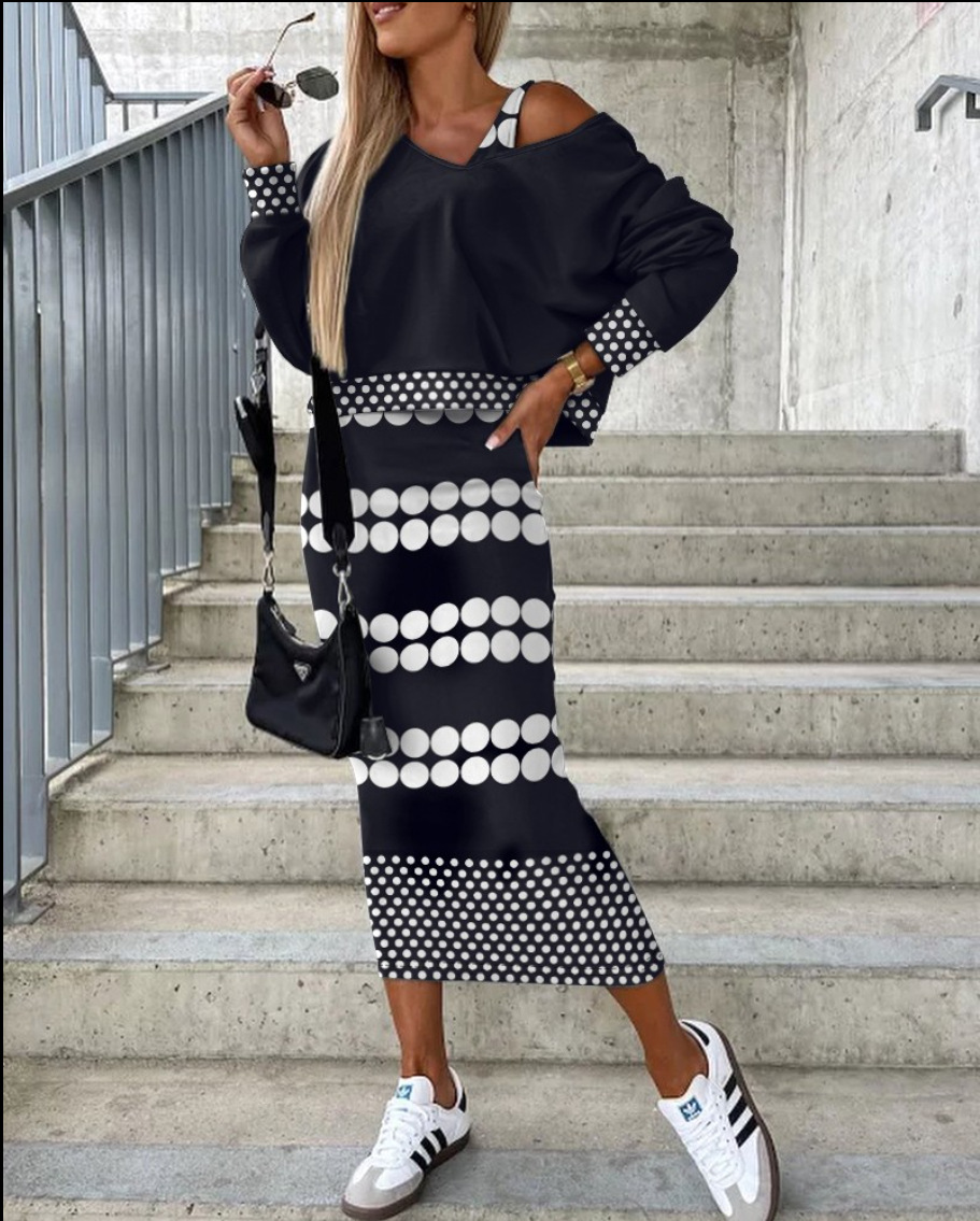Independent Station Fashionable Batwing Sleeve Long Skirt Sheath Suit Black And White Stripes - Shop at LoveMi
