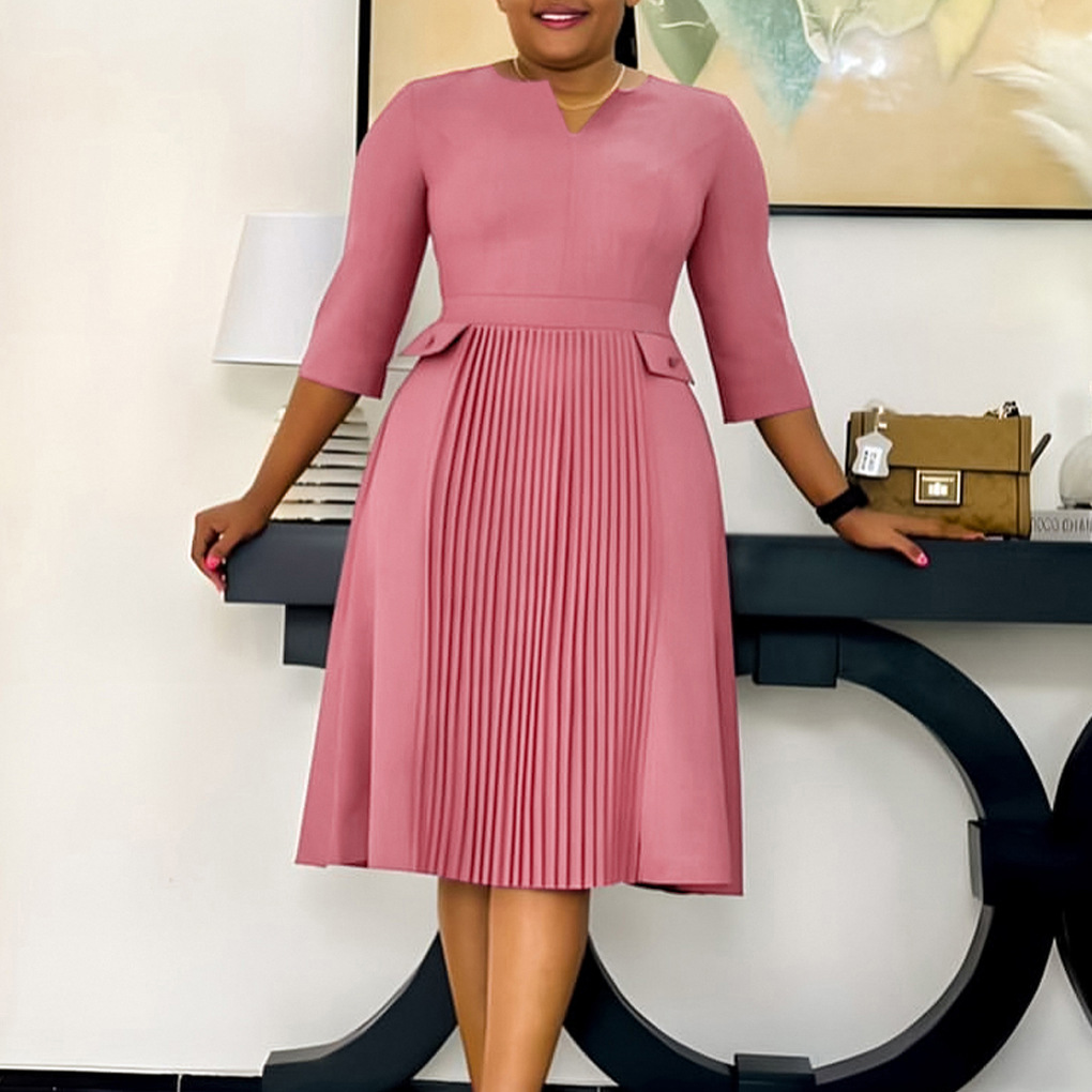 Women's Solid Color Plus Size Fashion Pleated Dress